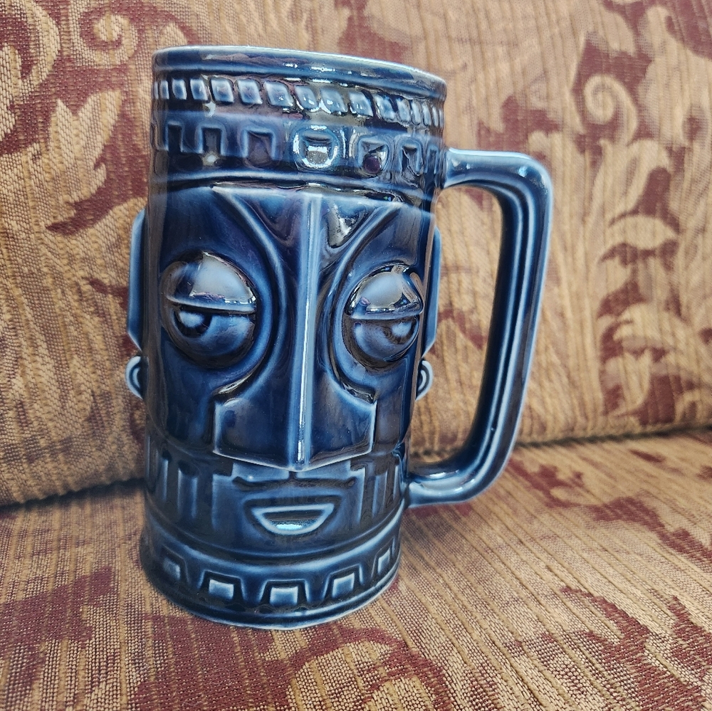 Vintage Blue Mid-Century Ceramic Tiki Mug 6" Inches Tall